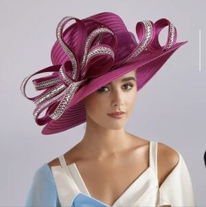 Women's Fuchsia Wide-Brim Dress Hat with Crystal Ribbon Detail